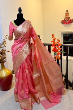 Beautiful Soft Banarasi kora organza saree  with beautiful color soft and easy to drape   paired up with ready to wear pretty designer blouse fits to 32 to 46 size saree is done with fall and pico ready to wear ! ideal for parties and occasions chek the video and chek the pictures for blouse design Bollywood Style Organza Blouse Piece For Navratri, Bollywood Organza Blouse Piece For Navratri, Elegant Pink Chanderi Blouse Piece, Elegant Pink Chanderi Saree, Elegant Pink Pre-draped Saree With Zari Weaving, Elegant Pink Art Silk Saree, Festive Unstitched Organza Blouse Piece, Anarkali Traditional Wear With Unstitched Organza Blouse, Traditional Wear Organza With Unstitched Blouse