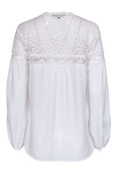 Get dreamy and darling in this soft silky blouse from Nanette Lepore! Perfect for wearing with a pearl necklace and rhinestone earrings for a romantic Rococo-inspired look, this ruffled beauty will get you all the compliments on your next Sunday brunch date or relaxing springtime picnic. Rouge your cheeks rosy and you’re ready in a flash! Size S 100% Polyester Made in USA Ribbon front tie neck with keyhole cutout Long sleeve Lace shoulders Relaxed fit Waist 33” Total length 28” Elegant V-neck Lace Top For Brunch, Chic V-neck Lace Top For Daywear, Elegant White Viscose Top, Feminine Lace Top Blouse, Daywear Tops With Blouson Sleeves In Viscose, Elegant Tops With Blouson Sleeves For Brunch, Elegant Blouson Sleeve Tops For Brunch, Feminine Long Sleeve Viscose Blouse, Elegant Blouse With Blouson Sleeves For Day Out