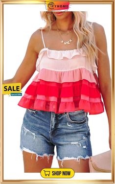 Red Gradient Ruffle Tiered Spaghetti Straps Tank Top Red Gradient, Tank Top Straps, Spaghetti Strap Tank Top, Cute Preppy Outfits, Preppy Outfits, Spaghetti Strap, Spaghetti, On Sale, Tank Top