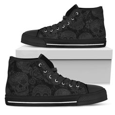 Skull High Tops for Women Canvas Shoes Black Sneakers Custom High Tops, Custom Sneakers, Colorful Shoes. ★ Canvas double-sided print. ★ Durable rubber outsole and toe cap. ★ Lace-up closure for a snug fit. ★ Soft textile lining with lightweight construction for maximum comfort. ★ High-quality EVA outsole for traction and exceptional durability. Handcrafted on-demand with love and care just for you! SATISFACTION GUARANTEED Shipping Times - We ship worldwide. This product is handmade and made on-d Mens High Top Shoes, Womens High Top Shoes, Skull Shoes, High Tops Sneakers, Skull Gifts, Bright Boho, Skull Hoodie, Colorful Shoes, Mens High Tops