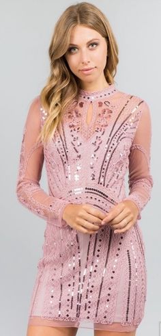 Mauve Sequin Dress Feminine Long Sleeve Mini Dress For Prom, Fitted Long Sleeve Mini Dress For Homecoming, Fitted Long Sleeve Homecoming Dress, Feminine Long Sleeve Dresses For Party Season, Sequin Short Dress, Mauve Blush, Sequin Short, Flair Dress, Sequin Bodycon Dress