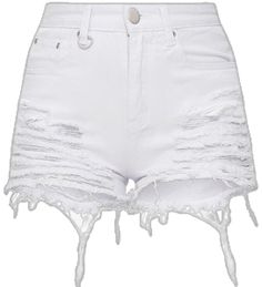 Trendy White Denim Shorts, Trendy High-waist White Jean Shorts, Trendy High Waist White Jean Shorts, Chic White Fitted Jean Shorts, White Ripped Cotton Bottoms, Chic White Jean Shorts, White High-waisted Ripped Bottoms, White High Waist Ripped Bottoms, High Waist Ripped White Bottoms