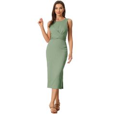 It is made of a stretchy fabric that allows for easy movement. The dress features a sleeveless design and a crisscross waist detail, adding a trendy touch to the overall look. Complete the outfit with minimal accessories and let the dress be the focal point of your look. The bodycon silhouette of the dress will enhance your curves and create a flattering shape. The midi length of the dress makes it suitable for casual and semi-formal occasions, or beach, date, shopping, and so on. Sleeveless Dress With Crisscross Straps, Solid Sleeveless Dress With Crisscross Straps, Sleeveless Midi Dress With Crisscross Straps, Spring Sleeveless Bodycon Dress With Crisscross Straps, Sleeveless Bodycon Dress With Crisscross Straps, Sleeveless Crisscross Straps Bodycon Dress, Chic Sleeveless Twist Front Dress, Fitted Sleeveless Dress With Twist Front, Fitted Sleeveless Twist Front Dress