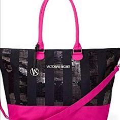 Victoria Secrets Canvas Tote Bag In Black And Dark Pink Embellished With Stripes Of Black Sequins. Please See Photo For Details. Bag Measures About 16”W X 14”H. Pink Handles, Fringe Tote Bag, Plaid Tote Bag, Gold Tote Bag, Victoria Secret Tote Bags, Weekender Tote Bag, Victoria Secrets, Victoria Secret Bags, Metal Plaque