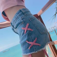 Pink Lace up Denim Shorts Pink Shorts Outfit, Pink Shorts Outfits, Aliyah Core, Core Outfits, Suits Tv Shows, Summer Shorts Denim, Digital Closet, Fashion Design Dress, Denim Pants Women