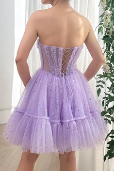 Strapless Corset Star Tulle Mini Tiered Dress Party Dress With Lace-up Back And Tulle Material, Strapless Tulle Dress With Boned Bodice, Strapless Tulle Corset For Prom Season, Strapless Tulle Dress With Corset Back, Tulle Corset Back Dress For Homecoming, Strapless Organza Corset Dress For Prom, Strapless Organza Corset Dress For Prom Season, Strapless Tulle Mini Dress For Prom Season, Strapless Tulle Mini Dress For Prom