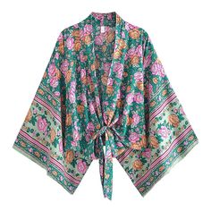 wickedafstore 0 Green / S Charmaine Crop Kimono Bohemian Wrap Kimono With Tie Waist, Bohemian Kimono With Tie Waist And Kimono Sleeves, Bohemian Festival Kimono With Tie Waist, Bohemian Wrap Kimono With Boho Print, Multicolor Kimono With Tie Waist And Kimono Sleeves, Fall Hippie Floral Print Kimono, Fall Floral Print Hippie Kimono, Bohemian Patterned Open Front Kimono, Bohemian Open Front Patterned Kimono