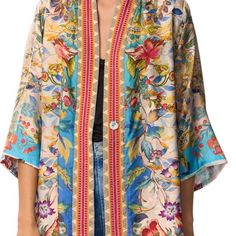 New With Tags! Entwined With A Floral Arrangement, The Tango Yena Kimono Breathes Joyous Energy Into New Seasonal Looks Thanks To Its Upbeat Color Scheme. This Kimono Is Designed From Liquid-Like Silk And Boasts A Collar, Long Sleeves, A Snap Front Button, Pockets, A Vivid Mix Of Florals, And An Additional Pattern On The Reverse Side. Style With Everything From Silk Separates To Casual Tailoring. Gorgeous - Best Deal You Will Find! Item #325 Multicolor Summer Outerwear, Casual Silk Spring Kimono, Casual Silk Kimono For Spring, Silk Kimono For Fall, Spring Silk Outerwear With Kimono Sleeves, Silk Outerwear With Kimono Sleeves For Spring, Johnny Was, Tango, Floral Arrangements