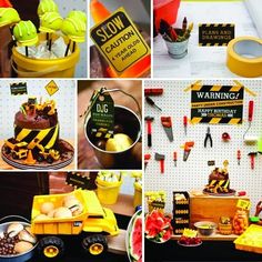 there are pictures of construction themed cakes and desserts on the table, along with other decorations