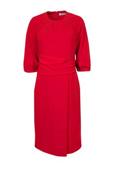 Get ready to turn heads with this stunning red dress by The Fold! Featuring a cropped sleeve, knee-length design, and a unique jewel pleated neckline, this dress offers a modern minimalist twist on the classic cocktail dress. Perfect for any special occasion, whether it's a work event or a night out, this stylish and chic dress will have you looking professional and on-trend. Don't miss out on this must-have piece! Size 4 Shell 75% Triacetate, 25% Polyester Lining 100% Polyester Pleated jewel neckline Connected waist sash detail Invisible zipper closure down back Cropped sleeve Two side pockets on hips Fold detail in front Bust 32" Waist 29" Shoulder to hem 42" Sleeve length (from neckline) 20.5" Chic Red Dress With Pleated Sleeves, Fitted Red Dress With Draped Sleeves, Elegant Red Midi Dress With Draped Sleeves, Fitted Red Dresses With Draped Sleeves, Red Fitted Dress With Pleated Sleeves, Red Pleated Waist Dress For Party, Red Party Dress With Pleated Waist, Evening Red Dress With Pleated Waist, Red Evening Dress With Pleated Waist