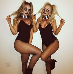 two women in bodysuits with makeup on their faces