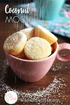 small powdered sugar cookies in a pink cup