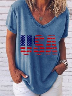 American flag USA print blue t-shirt American Flag Painting, Flag Painting, Cheap Clothing, Embroidered Collars, Usa Print, Sleeveless Pullover, Home T Shirts, Blue T Shirt, Women T Shirts