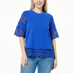 DG2 by Diane Gilman Lace Trim Short-Sleeve Easy Top   Life can be complicated, but fashion doesn't have to be. Our best-selling Easy Tank from Diane Gilman gets a fresh, seasonal update with feminine floral lace and elbow-length sleeves. Stretch 3/4 Sleeve Tops For Work, Casual Half-sleeve Tops For Day Out, Stretch Short Sleeve Blouse For Day Out, Spring Stretch Half Sleeve Tops, Spring Half Sleeve Stretch Tops, Stretch Half Sleeve Tops For Spring, Half-sleeve Tops For Summer Layering, Summer Half Sleeve Tops For Layering, Half Sleeve Tops For Summer Layering