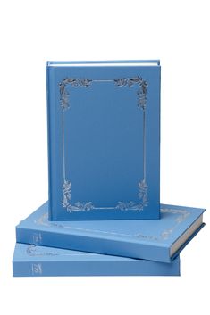 two blue books sitting next to each other on top of each other with an ornate border