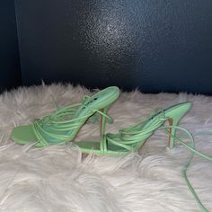 Never Worn Sage/Seafoam Green Green Synthetic Sandals With 4-inch Heel, Spring Strappy Synthetic Heels, Strappy Synthetic Heels For Spring, Green High Heel Spring Heels, Trendy Green Heels With Heel Strap, Elegant Green Strappy Heels, Green Spring Heels With Padded Heel, Spring Green Heels With Padded Heel, Green Heels With Padded Heel For Spring