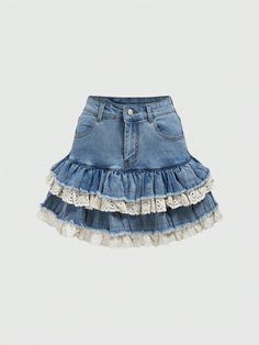 Women Fashionable Denim Skirt With Lace Hem Summer, School Blue Casual   Denim Colorblock Layered/Tiered Medium Stretch  Women Clothing, size features are:Bust: ,Length: ,Sleeve Length: Denim Skirt With Lace, Black Denim Skirt Outfit, Denim Skirts Knee Length, Denim Skirt Outfits, Winter Skirt Outfit, White Denim Skirt, Skirt With Lace, Long Denim Skirt, Rock Outfit