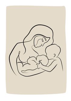 a black and white drawing of a woman holding a baby in her arms on a beige background