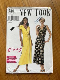 a sewing pattern for a women's dress on a wooden floor with the words, new look easy