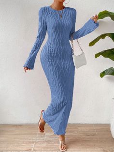 Azul Elegante Collar manga larga Tela tejida Liso Apretado Embellished Elástico Ligero Bodycon Dress Outfit Casual, Long Bodycon Dress Outfit, Baddie Dresses, Long Denim Dress, Summer Prints Fashion, Glamorous Evening Dresses, Long Sleeve Chiffon Dress, Body Con Dress Outfit, Prints Fashion