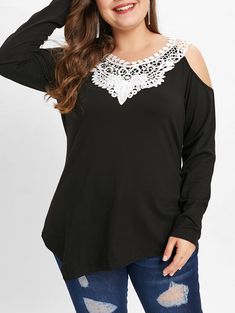 Plus Size Cold Shoulder Applique T-shirt - Black - 3K94656114 - Women's Clothing, Plus Size Women's Clothing  #PlusSizeWomensClothing #Women's #Clothing # #Plus #Size #Women's #Clothing Shoulder Applique, Boho Plus Size, Fashion Plus Size, Trendy Plus Size Clothing, Autumn Fashion Casual, Plus Size Womens Clothing, Fashion Seasons, Tops Fall, Plus Size Blouses