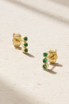 Jennifer Meyer's earrings are perfect for every day - wear them solo or stacked alongside equally dainty studs. Hand-cast from 18-karat gold, they're each bezel-set with a trio of vibrant emeralds. Fine Jewelry Yellow Gold Ear Climbers As Gift, Yellow Gold Sterling Silver Earrings With Bezel Setting, Mejuri Earrings, Gold Emerald Earrings, Jennifer Meyer, Dainty Studs, Emerald Earrings, Hand Cast, Fine Jewellery Earrings