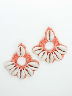 Beaded round earrings with cowry shell detailing in coral Cowry Shell, Shell Earrings, Your Outfit, Dress Accessories, Crochet Earrings, Shells, Coral, Size 2, Turquoise