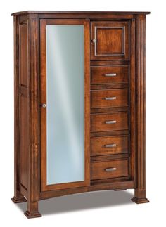 a wooden armoire with mirrored doors and drawers