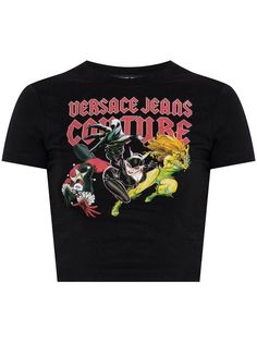 Find VERSACE Graphic-print Cotton T-shirt on Editorialist. black cotton jersey texture round neck graphic print to the front short sleeves straight hem cropped Versace Clothes, Light Clothes, Glitch Mode, Designer Tees, Designer Graphic Tees, Versace T Shirt, Black Shirts Women, Text Tee, Chill Fits