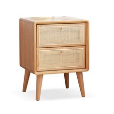 a wooden nightstand with two drawers on one side and an open drawer on the other