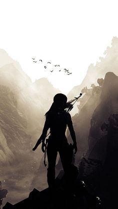 a person standing on top of a mountain with birds flying over them in the sky