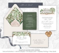 wedding stationery with watercolor trees and greenery on the front, in green