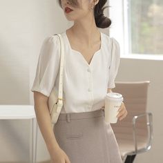 Welcome To Kukombo Official Store! White V-neck Office Blouse, White V-neck Blouse With Buttons, White Office Lady Top With Button Closure, White V-neck Blouse For Office, White V-neck Blouse For Office Wear, White V-neck Blouse With Button Closure, White Top Women, Tops Short Sleeve, Summer Blouse