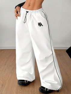 Women's  Fall/Winter  Streetwear  Banded Texture Decoration  Sport Parachute Pants,Back To School Outfits,White Sweatpants White Casual   Woven Fabric Colorblock,Letter,Striped Cargo Pants,Parachute Non-Stretch  Women Clothing, size features are:Bust: ,Length: ,Sleeve Length: Striped Cargo Pants, White Sweatpants, White Windbreaker, Winter Streetwear, Colorful Logo, Casual Sweatpants, Women Pants, Men Shirt Style, Back To School Outfits