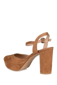 The Roslynn by Journee Collection has a vintage charm that is sure to bring out the vixen in you. Soft vegan suede and a buckled ankle strap shape this almond-toe pump. A retro platform and lofty covered block heel elevate the design. Sizing: true to size. M=medium width . Almond toe. Buckle closure. Approx. 4" heel. Vegan leather construction. Imported  Orders cannot be shipped to Canada and Puerto Rico. Vegan leather upper, manmade sole Spring Heels With Suede Lining, Journee Collection, Platform Pumps, Cork Wedge, Vintage Charms, Women's Pumps, Heeled Mules, Puerto Rico, Nordstrom Rack