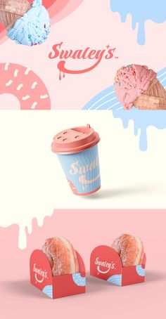 three different types of doughnuts and ice cream on pink, white and blue background