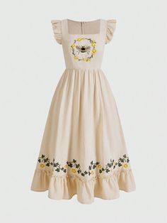 Vintage Cottagecore Women's Bee Embroidery Flutter Sleeve Dress With Country Style Apricot Boho  Sleeveless Woven Fabric Floral A Line Non-Stretch  Women Clothing, size features are:Bust: ,Length: ,Sleeve Length: Midsommar Dress, Meg Aesthetic, Style Priorities, Midsommar Outfit, Plus Size Cottagecore Fashion, Modern Hobbit, Bee Clothes, Cottagecore Apron, Cottage Core Clothes