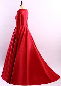 Red Ball Gown For Wedding, Red A-line Dress For Prom Season, Red A-line Dress For Banquet, Red Full Length Maxi Dress For Banquet, Red Maxi Dress For Banquets, Red Long Sleeve Dresses With Fitted Bodice, Red Long Sleeve Dress With Fitted Bodice, Red A-line Evening Dress, Red Long Sleeve Ball Gown For Banquet