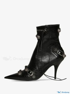 OrcaJump - Elegant Womens Leather Ankle Boots with Pointed Toe, Stiletto Heels, and Vintage Metal Buckle Detail - Chic Booties with Zipper Closure Womens Leather Ankle Boots, Pu Boots, Casual Heels, Metal Buckles, Leather Ankle Boots, Vintage Metal, Leather Women, Stiletto Heels, Heel Height