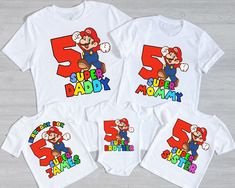 three personalized mario birthday shirts with the number one, two, and 3 on them