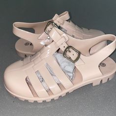 Brand New In Box Trendy Beige Jelly Sandals With Round Toe, Casual Jelly Sandals With Buckle Closure, Beige Closed Toe Jelly Sandals, Trendy Non-slip Closed Toe Jelly Sandals, Trendy Adjustable Closed Toe Jelly Sandals, Casual Beige Closed Toe Jelly Sandals, Jelly Sandals, Nude Pink, Sandals Flip Flops