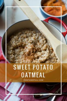 sweet potato oatmeal in a red pot with a wooden spoon next to it