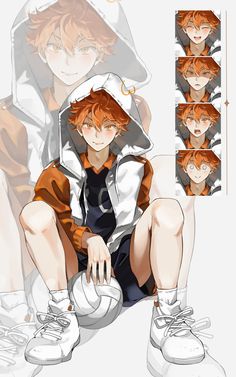 an anime character sitting on the ground with his hands in his pockets and holding a basketball