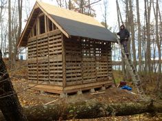 a man standing on a ladder next to a wooden structure in the woods with logs around it