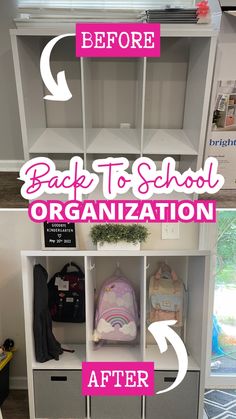 the before and after pictures of an organized bookcase for back - to - school