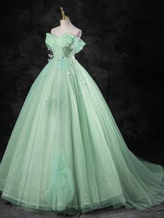 Mint Green Ball Gown, Sea Green Prom Dress, Green Princess Dresses, Green Ballgown, Pink Sweet 16 Dress, Prom Dress Green, Off Shoulder Tulle, Green Ball Gown, Tulle Long Prom Dress