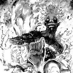 an ink drawing of a zombie holding his hand up in the air with fire coming from behind him