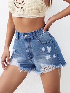 F00196900-102 Blue Jeans With Frayed Hem Short Leg, Short Length Cotton Jeans For The Beach, Beach Cotton Short Length Jeans, Beach Cotton Short Jeans, Beach Cotton Jean Shorts, Beach-style Short Cotton Jeans, Blue High Waist Jeans For The Beach, Casual High-waisted Shorts For Beach, Casual High-waisted Shorts Jeans For Beach