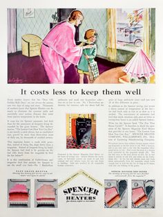 an old advertisement for some kind of pink stuff in front of a woman and child