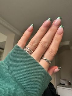 Shiny Green French Tip Nails, Green Chrome French Tip Nails Square, Chrome Green Nails French, Emerald Green Chrome French Tip Nails, Dark Green Chrome French Tip Nails, Green French Tip With Chrome, Green Chrome Tips, Green Chrome Tip Nails, Green French Chrome Nails